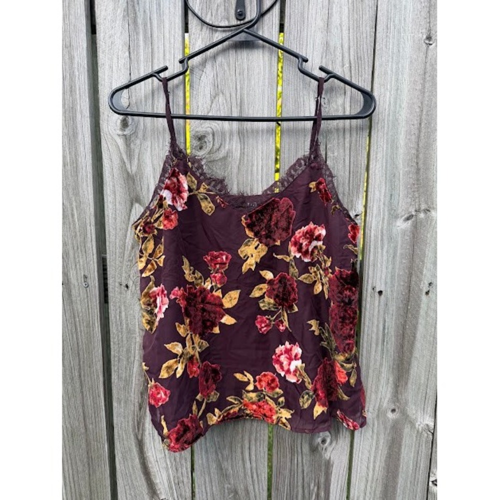Coquette a.n.a Camisole Women Med Burgundy Floral Velvet Burnout Lace Trim Top